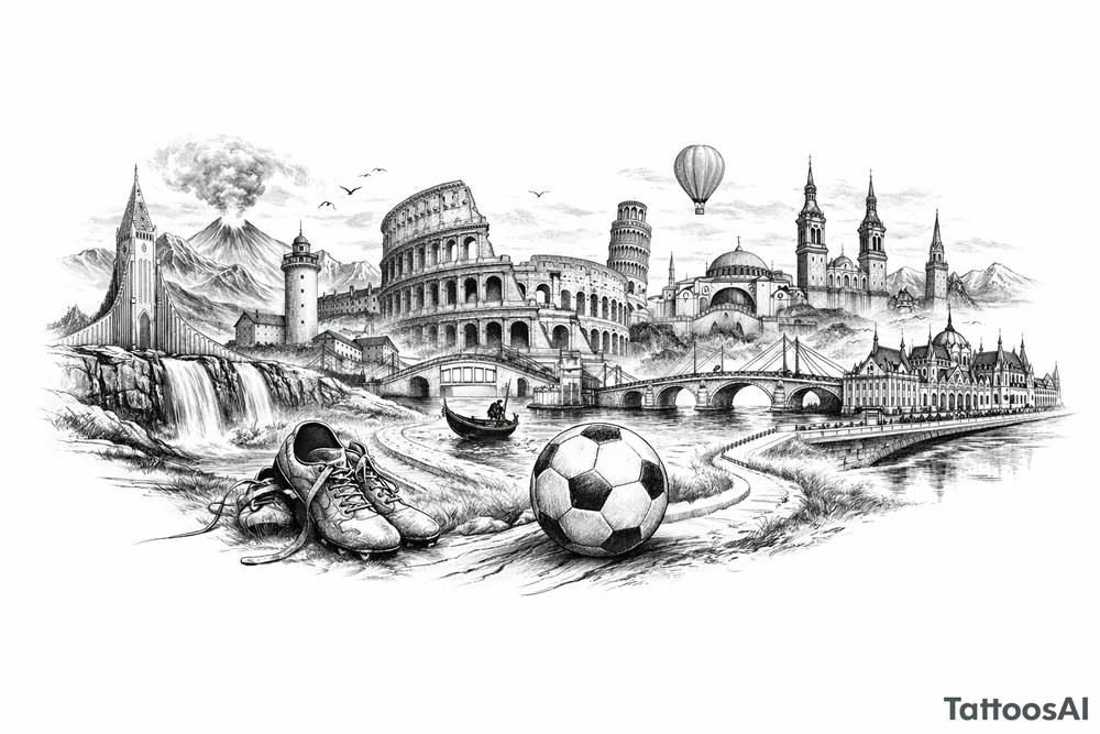 Iceland x3 (sindri, ibv, stjarnan) Italy x2 (Verona, Sassuolo) Spain (Logrono) Turkey x2 (Fenerbahce, Besiktas) Hungary (Fradi) France (Bordeaux) Something to do with football journey, surreal style to fit on arm forearm or inner bicep no crests just main attractions of each country tattoo idea