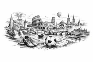 Iceland x3 (sindri, ibv, stjarnan) Italy x2 (Verona, Sassuolo) Spain (Logrono) Turkey x2 (Fenerbahce, Besiktas) Hungary (Fradi) France (Bordeaux) Something to do with football journey,  surreal style to fit on arm forearm or inner bicep no crests just main attractions of each country tattoo idea