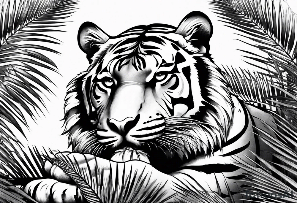 tiger laying on palm tree tattoo idea