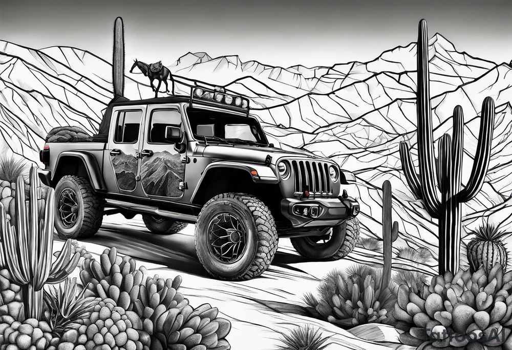 A dessert mountain with a jeep gladiator donkey cactus tattoo idea