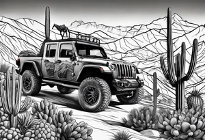 A dessert mountain with a jeep gladiator donkey cactus tattoo idea