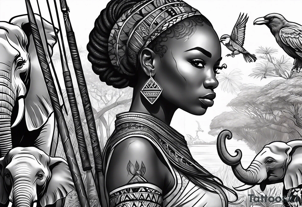 African woman warrior holding a spear with birds and elephants in the background tattoo idea