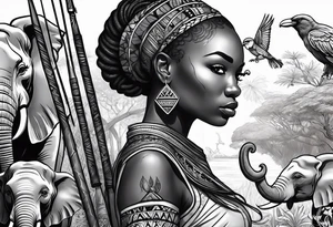 African woman warrior holding a spear with birds and elephants in the background tattoo idea