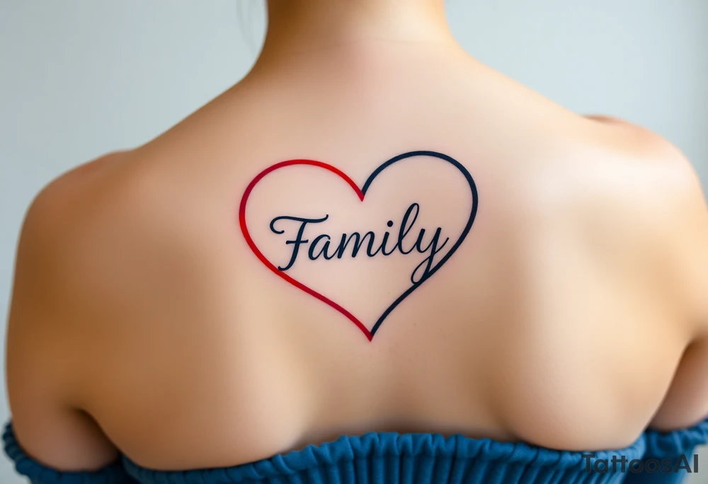Colorful heart-shaped infinity loop, and the word "family" elegantly placed at the center in a soft script tattoo idea