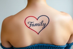Colorful heart-shaped infinity loop, and the word "family" elegantly placed at the center in a soft script tattoo idea