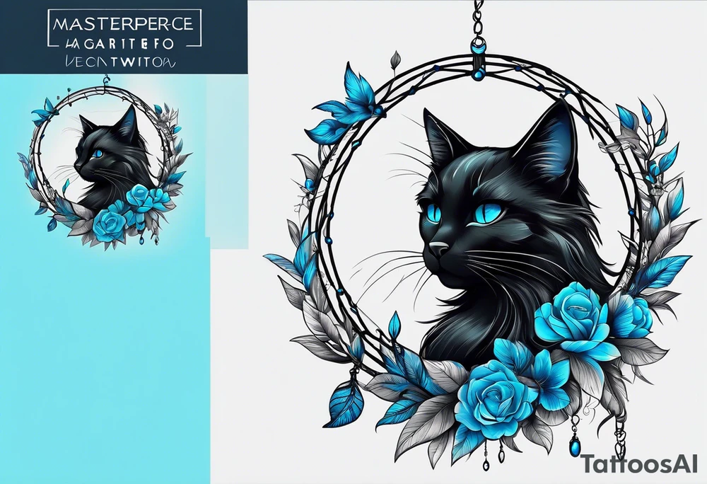Black cat entwined in a elegant dream catcher that has flowers an long flowing feathers on dream catcher. Black cat eyes in neon blue an small neon blue detail in catcher tattoo idea