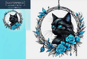 Black cat entwined in a elegant dream catcher that has flowers an long flowing feathers on dream catcher. Black cat eyes in neon blue an small neon blue detail in catcher tattoo idea