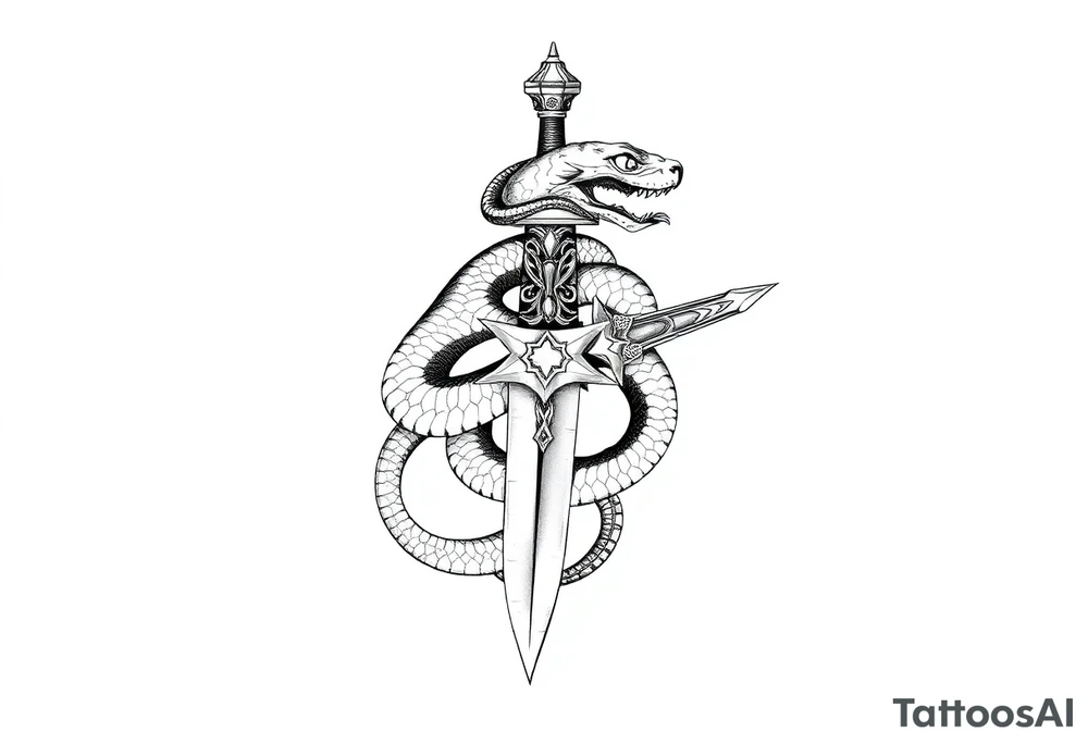 mystical snake coiled around an ancient dagger with jeweled hilt tattoo idea