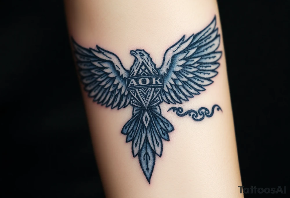 A Norse-inspired eagle with Viking runes etched into its feathers, surrounded by stormy clouds in deep grays and electric blue highlights tattoo idea
