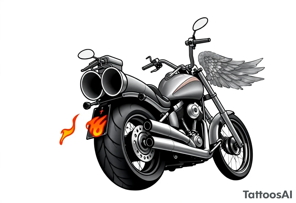 Low rider grey motorcycle, big muffler pipes with flames, angel wings, driving away, no person tattoo idea