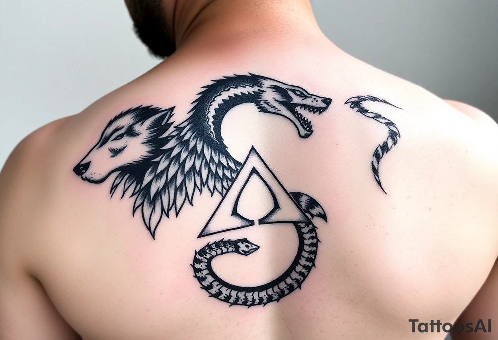 Wolf 🐺: strength, loyalty, family, and freedom

Ouroboros 🐍: signifies the perpetual cycle of creation and destruction, life and death, and the unity of opposites.

Triskelion: Cycles of life
Sleeve for men tattoo idea
