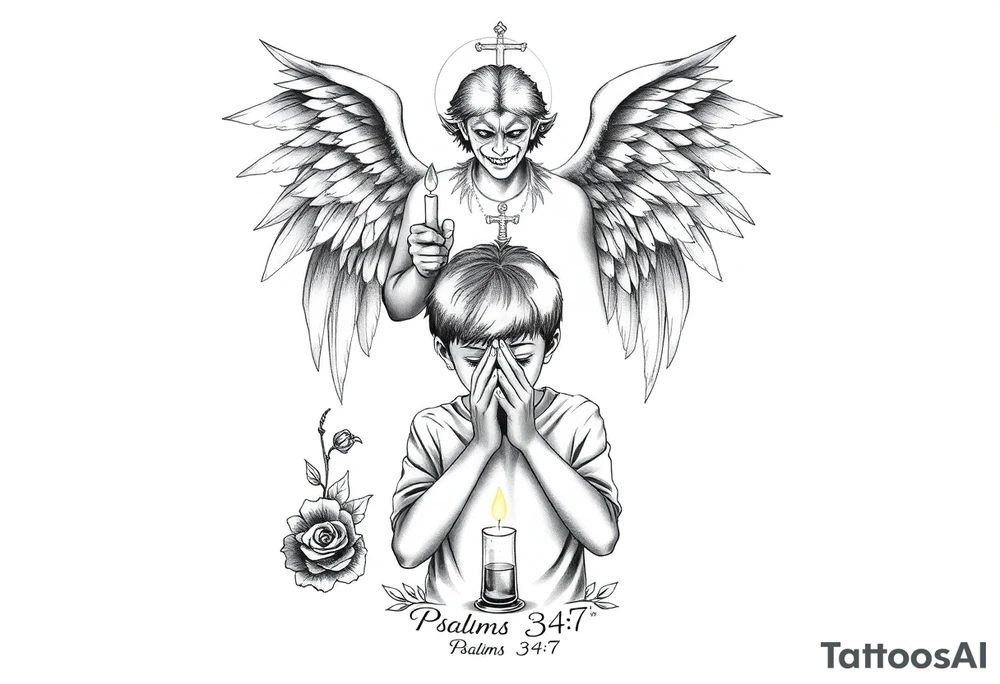 A boy praying in front of a candle casting a shadow in behind him. A guardian angel stands behind him holding a sword pointing into the ground, above the angel are barely visable demons, below everything is the bible verse Psalms 34:7. A rose and dove should be incorporated as well as gothic and fine line tattoo work. tattoo idea