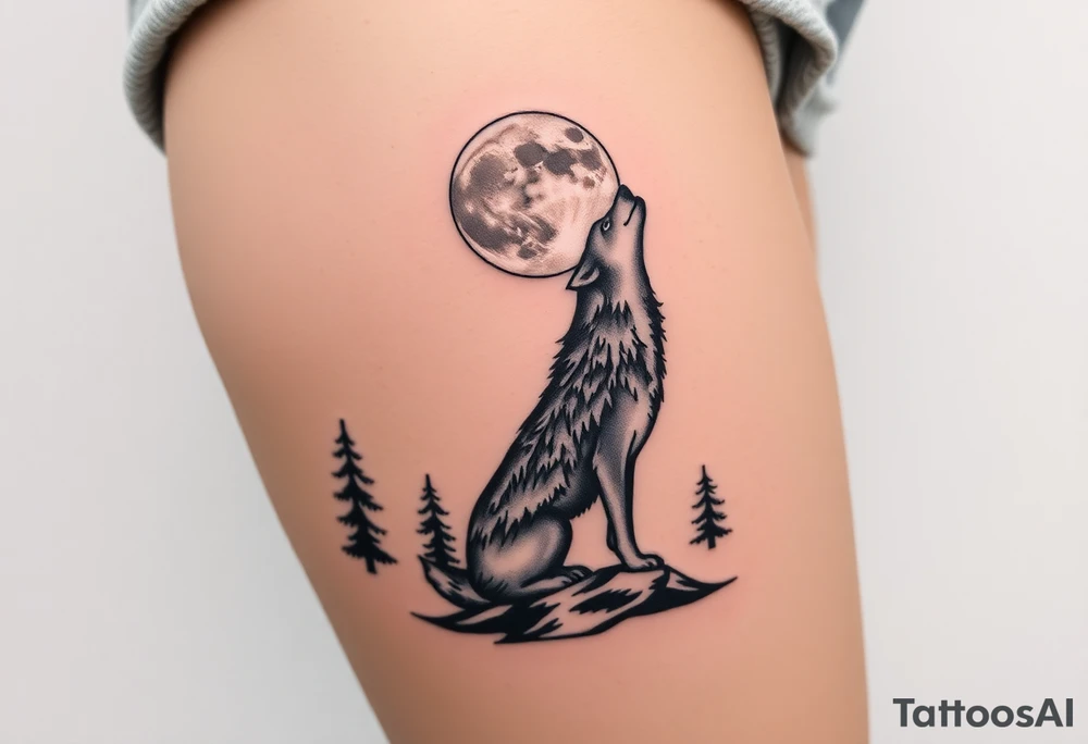 lone wolf howling at full moon with northern lights backdrop tattoo idea