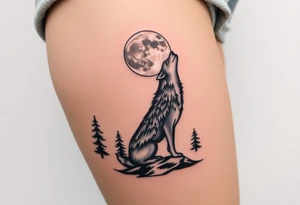 lone wolf howling at full moon with northern lights backdrop tattoo idea