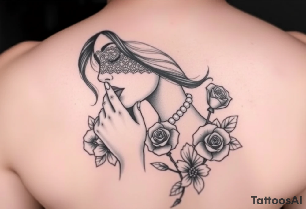 Black and white profile of woman with chin pressed on hand, hate with lace covering her eyes, pearl necklace in her mouth with red lips flowers around her with one red rose standing out thigh tattoo tattoo idea