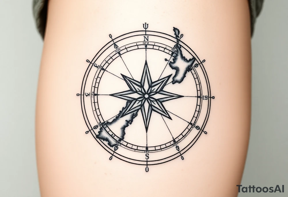 antique compass rose overlaid on weathered world map of New Zealand tattoo idea