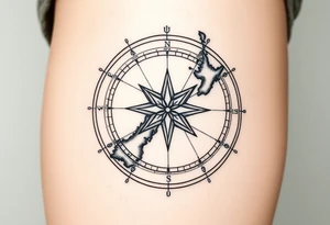 antique compass rose overlaid on weathered world map of New Zealand tattoo idea