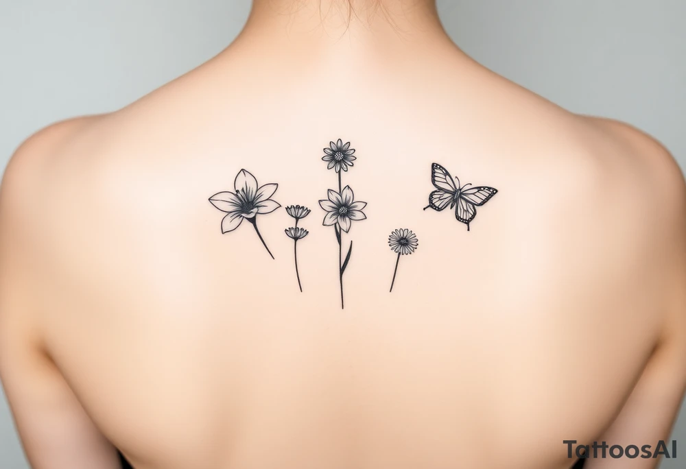 Vertical line down the middle

Water lily, honeysuckle, narcissus, violet and a daisy

Small butterflies tattoo idea