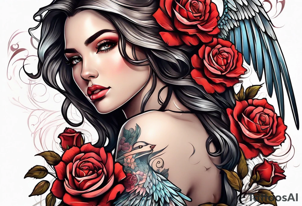 Beautiful woman angle with wings standing surrounded by roses tattoo idea