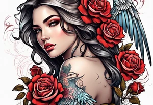 Beautiful woman angle with wings standing surrounded by roses tattoo idea