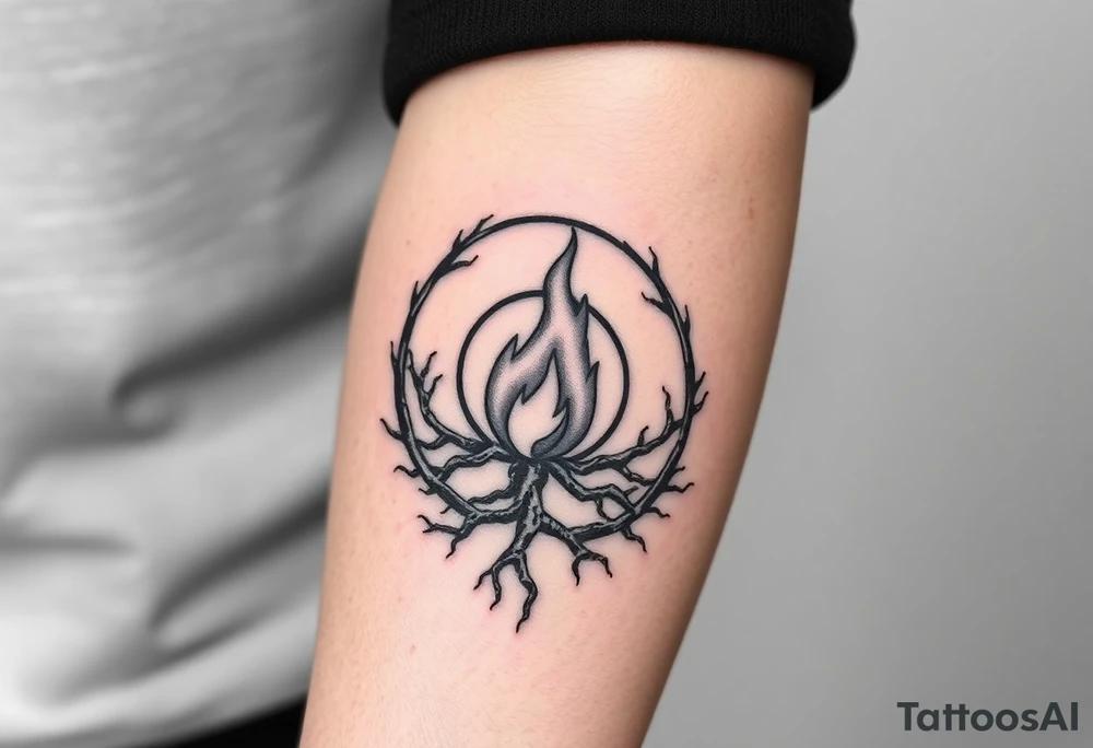 a round flame imprisoned in a roots circle tattoo idea