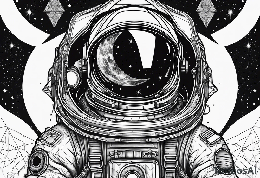 Astronaut floating in space with sacred geometry and hexagonal shapes tattoo idea