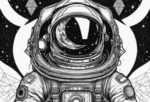 Astronaut floating in space with sacred geometry and hexagonal shapes tattoo idea