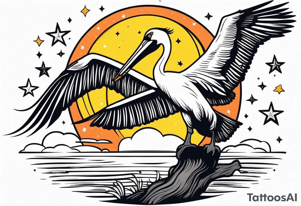 A simple willow tree with a flying pelican. A sun a moon and a star tattoo idea