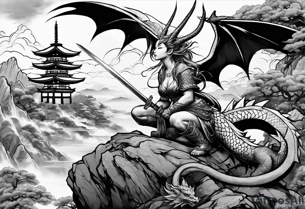 warrior fairy nymph with full body with sword and a full dragon with a mountain with clouds and a Japanese building background tattoo idea