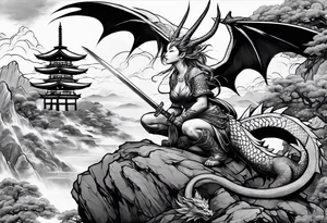 warrior fairy nymph with full body with sword and a full dragon with a mountain with clouds and a Japanese building background tattoo idea