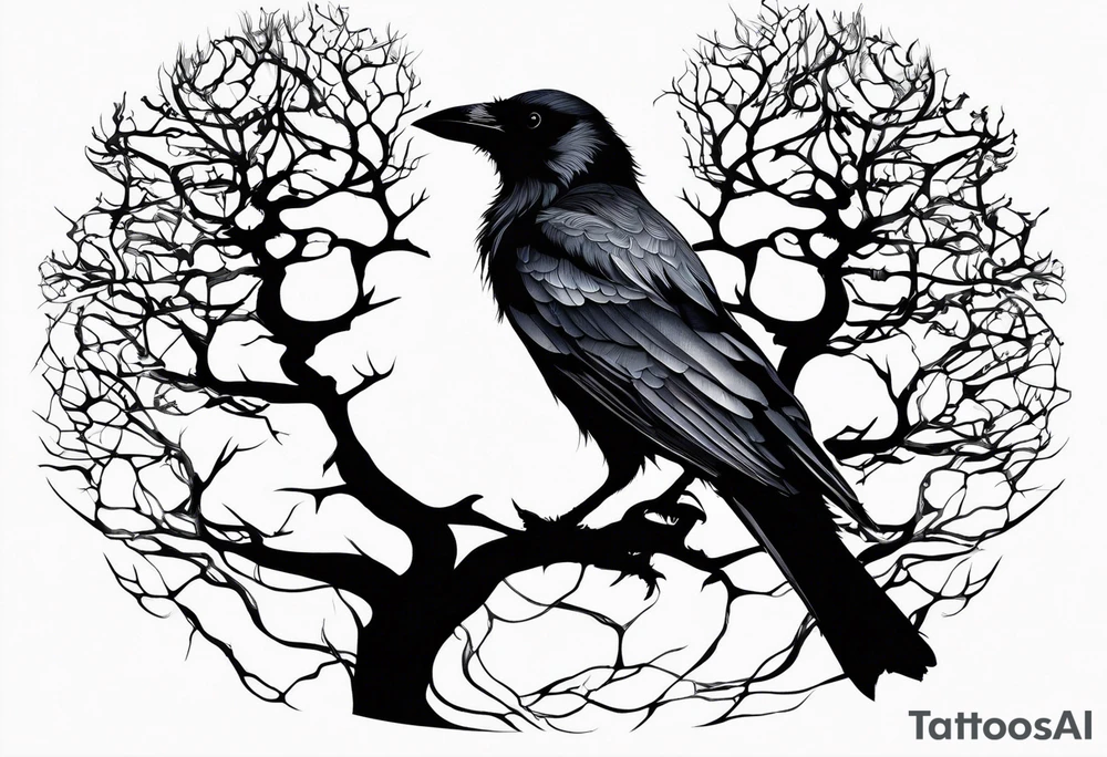 dead tree forming the silhouette of a hooded crow tattoo idea