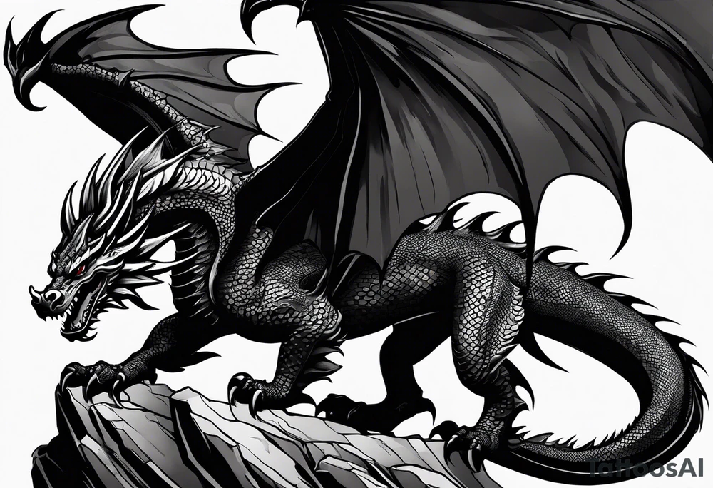 A medieval and powerful black dragon, flinging with a medieval and powerful black dragon. tattoo idea