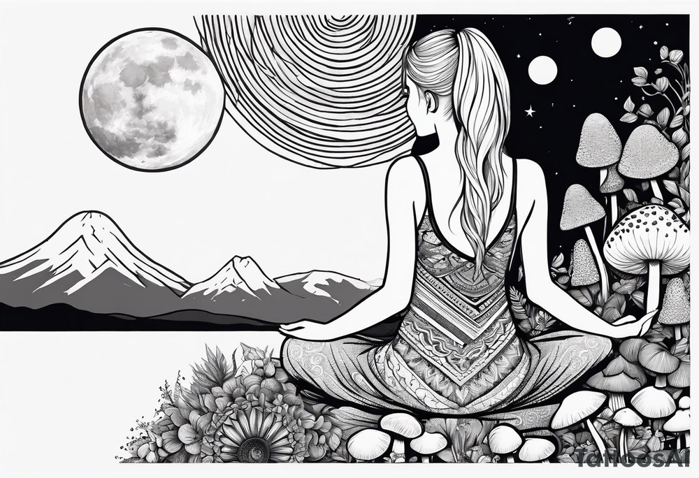 Straight blonde hair girl meditating facing away toward mountains surrounded by mushrooms crescent moon mandala circular design black and white striped dress tattoo idea