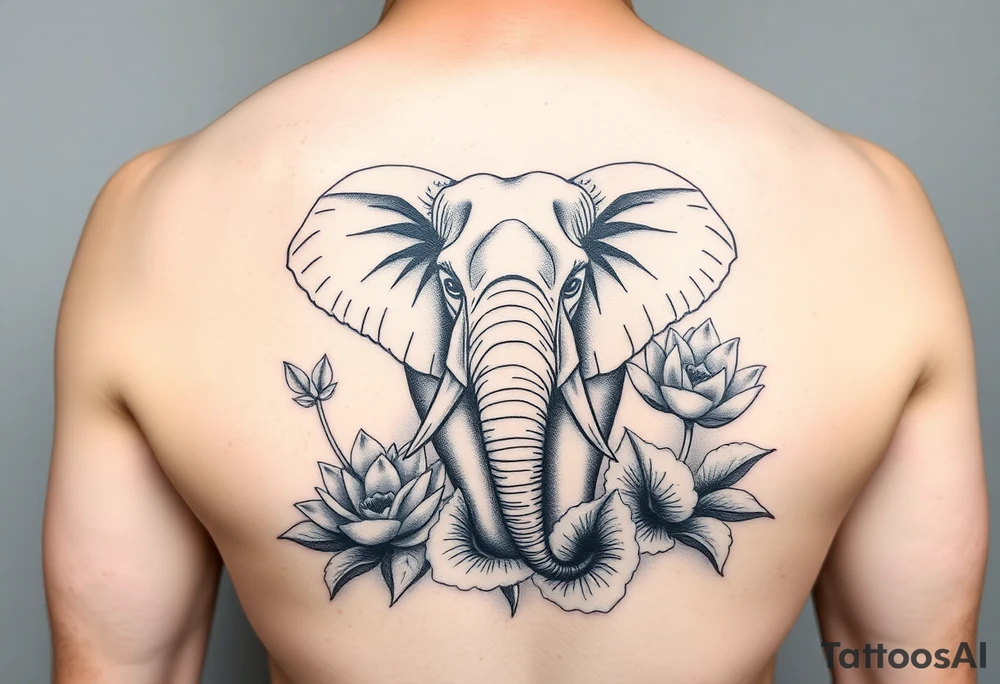 fierce elephant emerging through blooming lotus flowers in mist tattoo idea