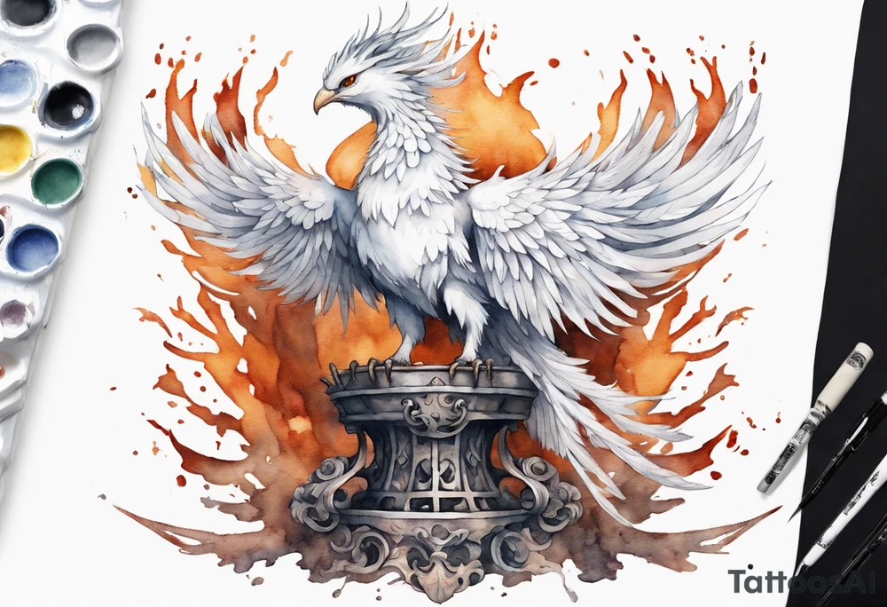a white phoenix wearing rusty iron crown, perched on a throne tattoo idea
