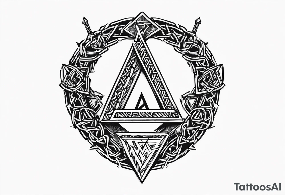 Valhalla sword shield axe barbed wire chains valknut tattoo idea