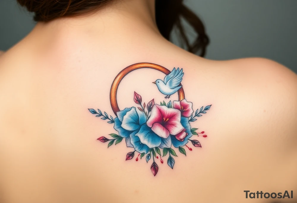 wedding ring with wedding bouquet, doves, hearts tattoo tattoo idea
