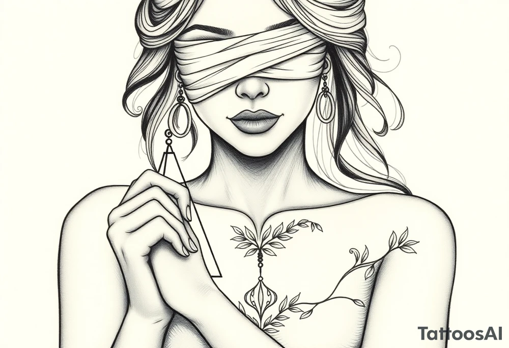 Fortuna's card as a beautiful woman with eyes covered with material, holds a scale in her hands. This character have to be in a card. Do this woman without named tattoo idea