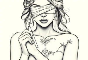 Fortuna's card as a beautiful woman with eyes covered with material, holds a scale in her hands. This character have to be in a card. Do this woman without named tattoo idea