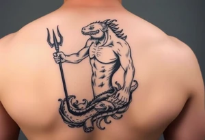 Shoulder and sleeve tattoo with a young poseidon showing torso with the trident and lower down sea creatures swirling around tattoo idea