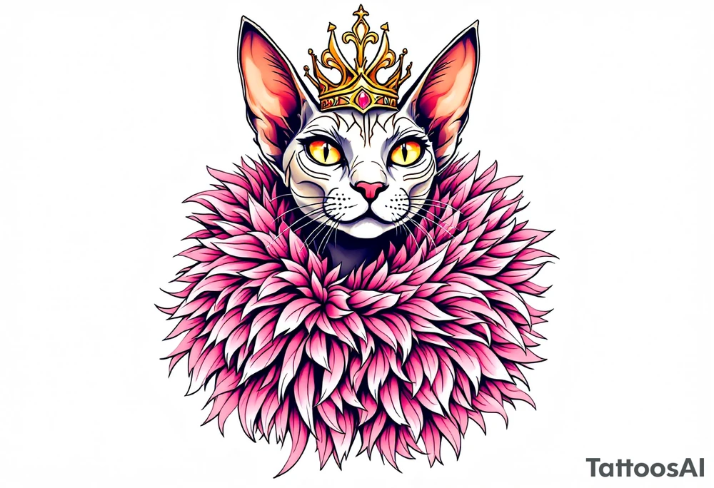 Glamorous sphinx cat with a pink feather boa and wearing a crown tattoo idea