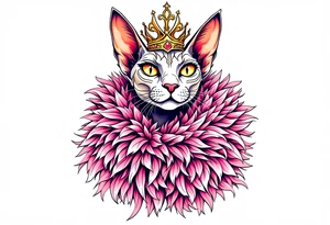 Glamorous sphinx cat with a pink feather boa and wearing a crown tattoo idea