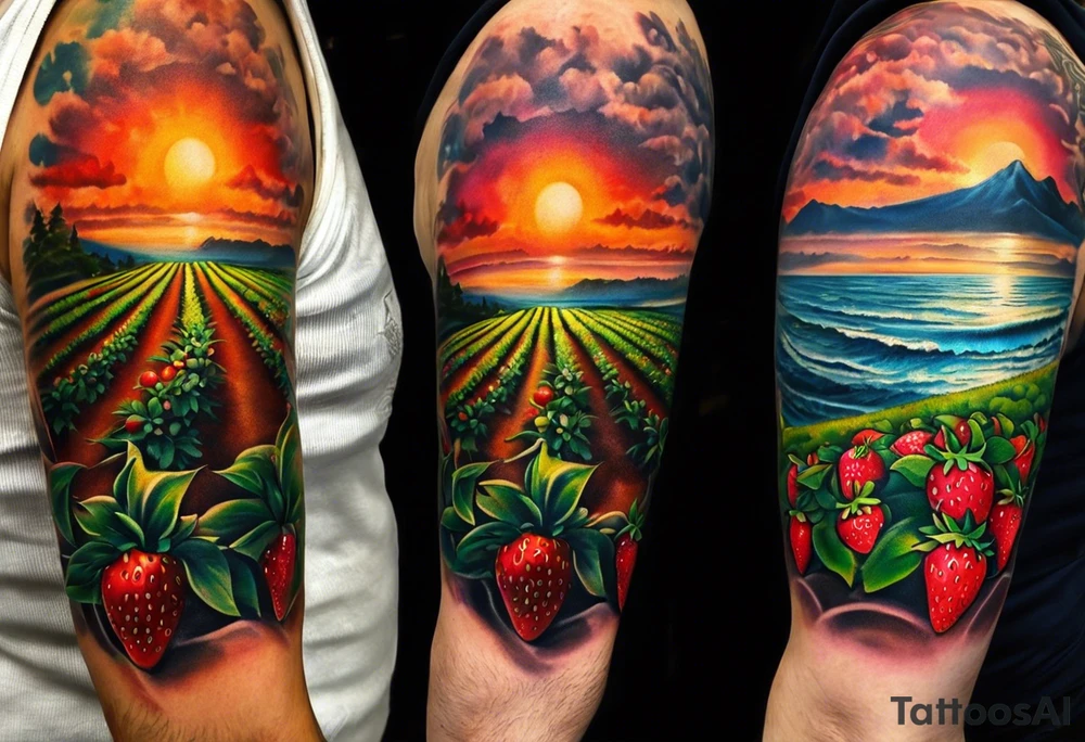 Tattoo of my hometown of Oxnard, CA
Tattoo must have strawberry fields meeting with ocean
Tattoo must have Oxnard coordinates
34.2236192,-119.1310264
Add in the sun on top of the fields/ocean
No barn house, add a Gondola style plaza tattoo idea