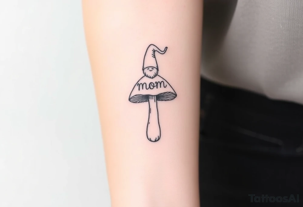 Mushroom with word mom on it with gnome on top tattoo idea
