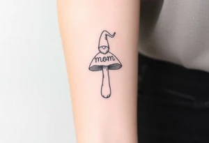 Mushroom with word mom on it with gnome on top tattoo idea