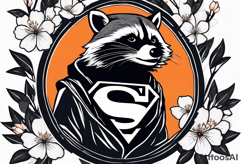 Raccoon wearing a white Superman logo on a black hoodie and orange Japanese cherry blossoms tattoo idea