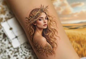 Alfons Mucha’s earthy maiden with honey-blonde waves, captured amid golden wheat and pale terracotta skies. tattoo idea