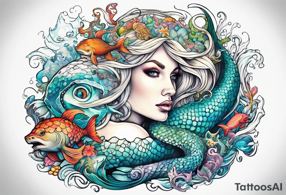 blond mermaid, giant octopus, sharks and turtles tattoo idea