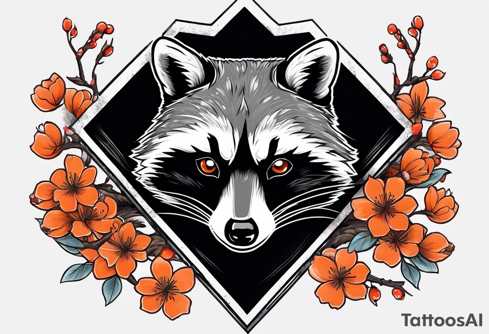 Raccoon wearing a white Superman logo on a black hoodie and orange Japanese cherry blossoms tattoo idea