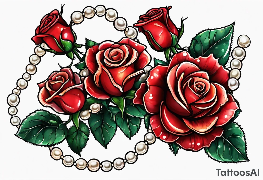 Red roses with a chain made of pearls and seashells tattoo idea